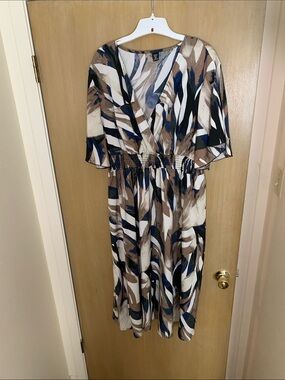🤎PLUS SIZE 4X Women’s Printed V-Neck Midi Dress - Blue, Brown & White🤎